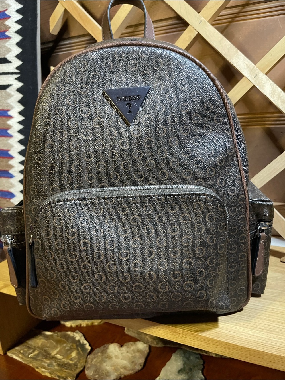 GUESS Classic Brown Monogram Logo Backpack/ 13.5”T x 13”W